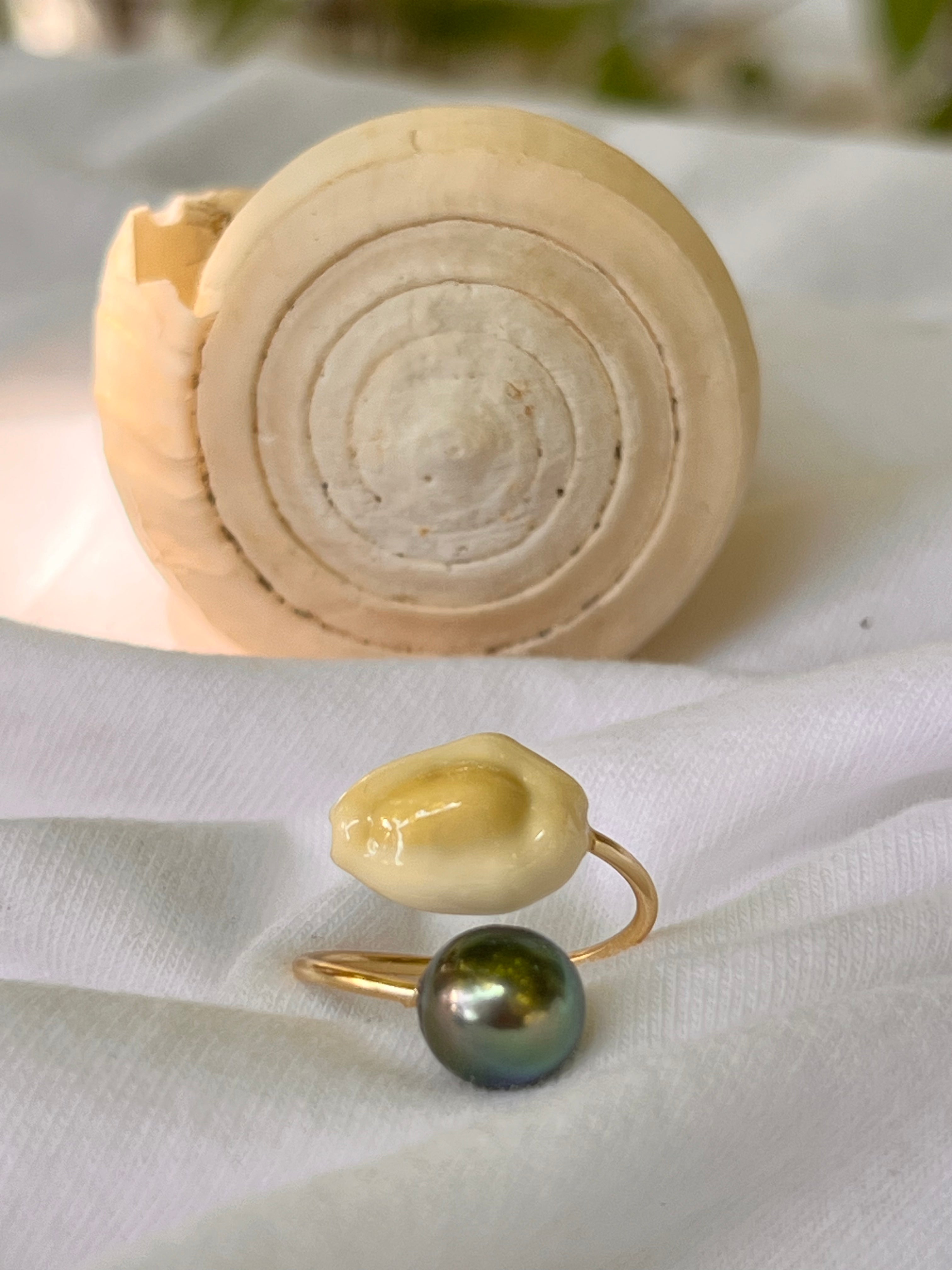 Gold Filled Open Ring – Tahitian Black Pearl & Natural Shell